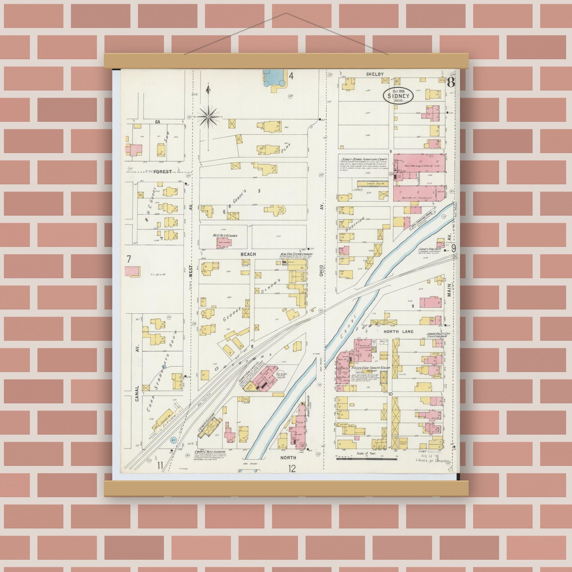 Old map wall art mockup — magnetic wood frame on brick wall — Sanborn Fire Insurance Map from Sidney, Shelby County, Ohio (1898), Sheet #0008