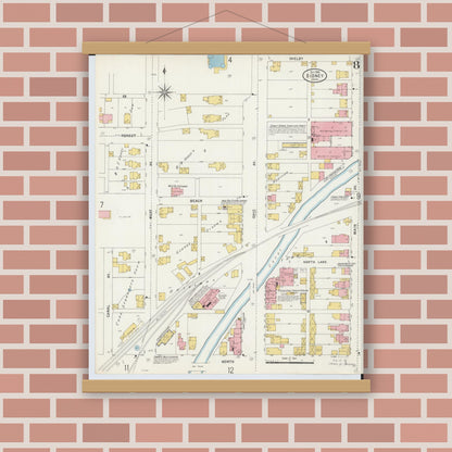 Old map wall art mockup — magnetic wood frame on brick wall — Sanborn Fire Insurance Map from Sidney, Shelby County, Ohio (1898), Sheet #0008
