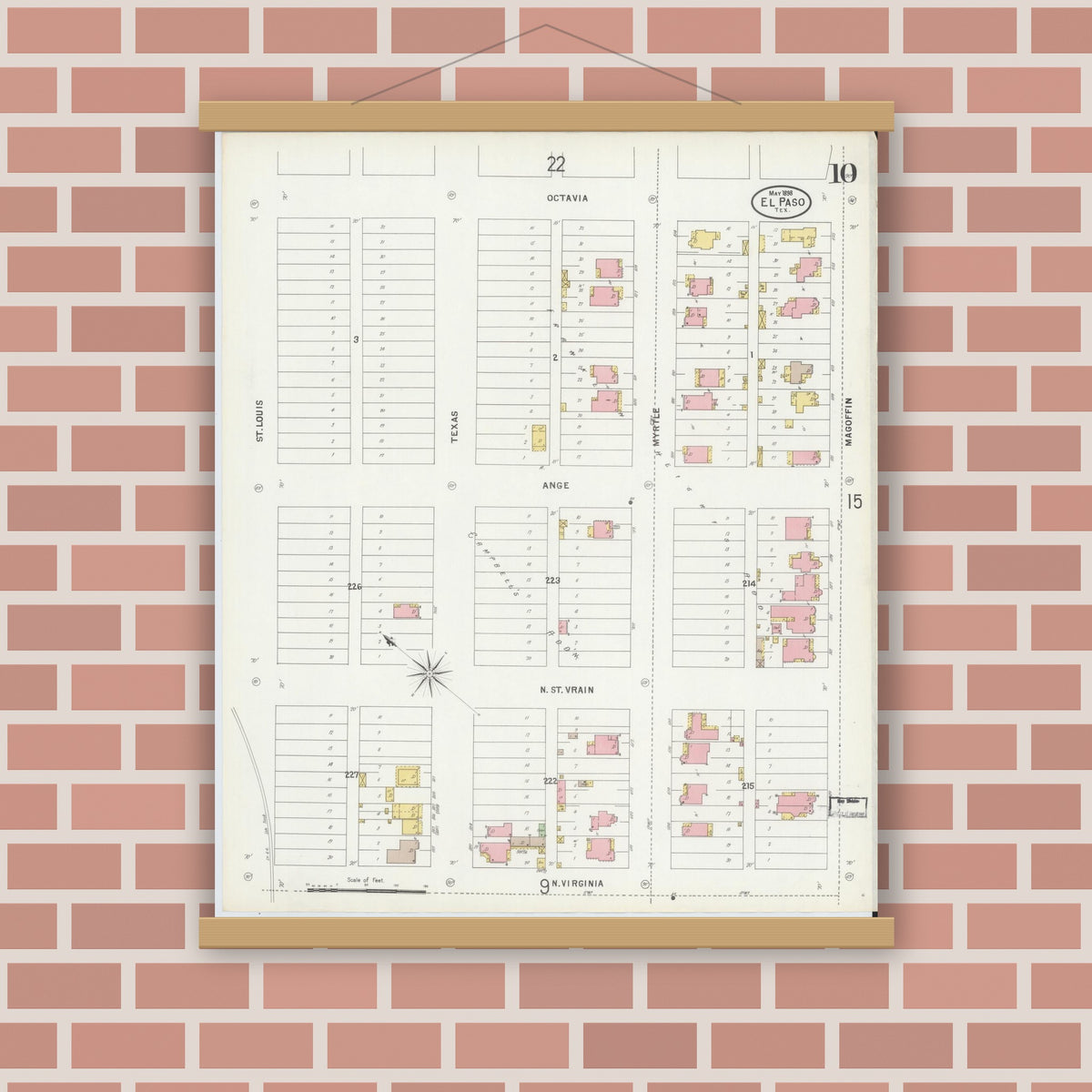 Old map wall art mockup — magnetic wood frame on brick wall — Sanborn Fire Insurance Map from El Paso, El Paso County, Texas (1898), Sheet #0010