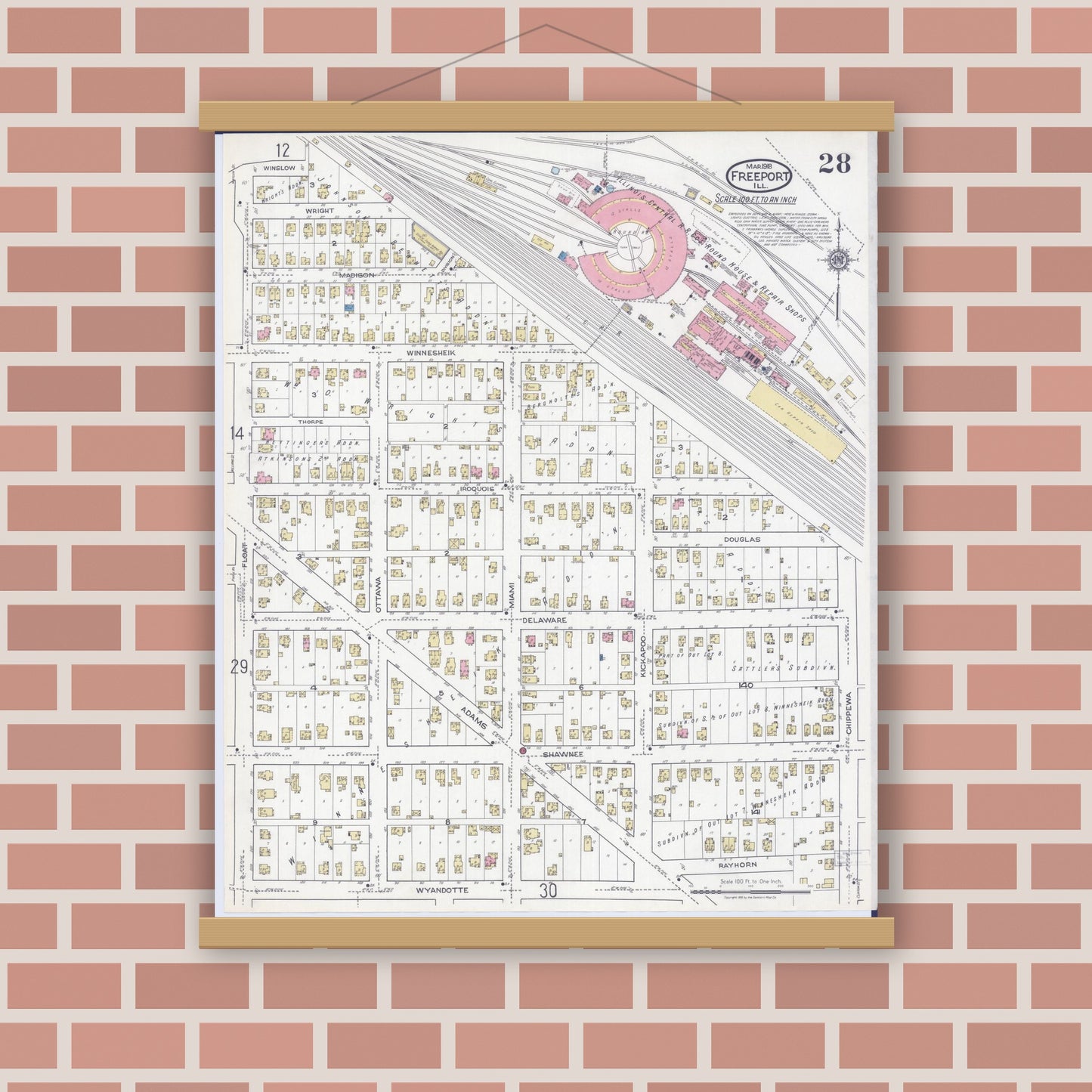 Old map wall art mockup — magnetic wood frame on brick wall — Sanborn Fire Insurance Map from Freeport, Stephenson County, Illinois (1918), Sheet #0028