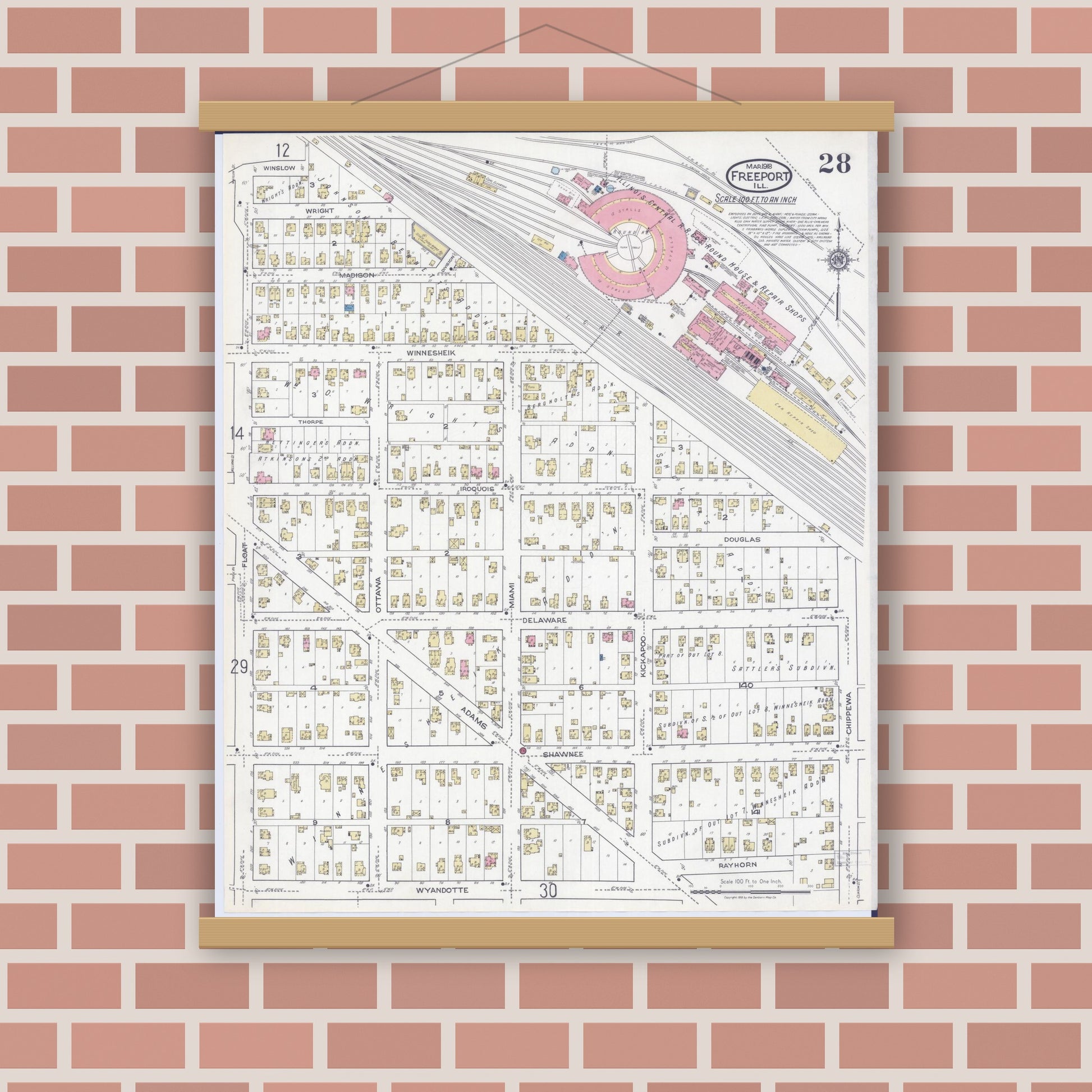 Old map wall art mockup — magnetic wood frame on brick wall — Sanborn Fire Insurance Map from Freeport, Stephenson County, Illinois (1918), Sheet #0028