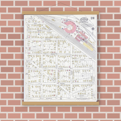 Old map wall art mockup — magnetic wood frame on brick wall — Sanborn Fire Insurance Map from Freeport, Stephenson County, Illinois (1918), Sheet #0028