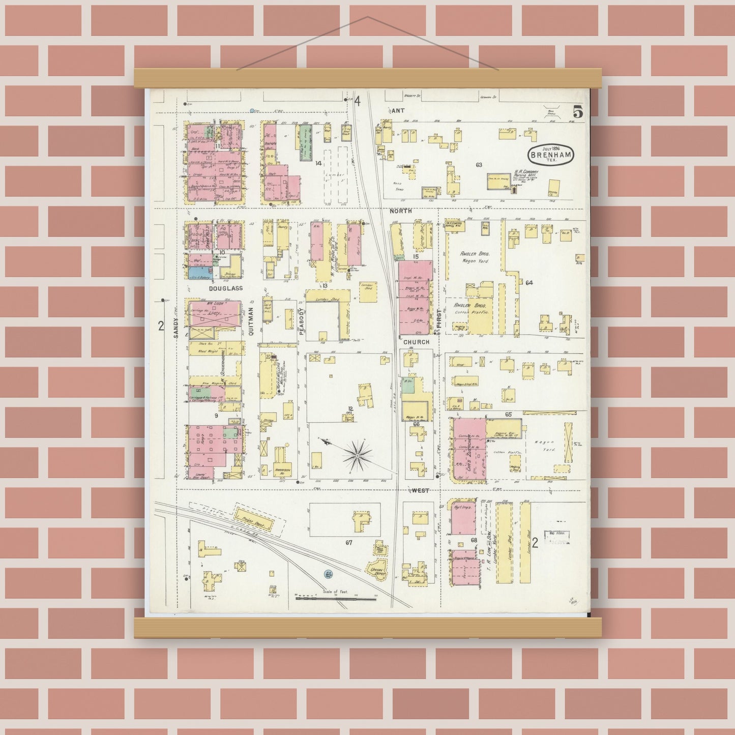 Old map wall art mockup — magnetic wood frame on brick wall — Sanborn Fire Insurance Map from Brenham, Washington County, Texas (1896), Sheet #0005