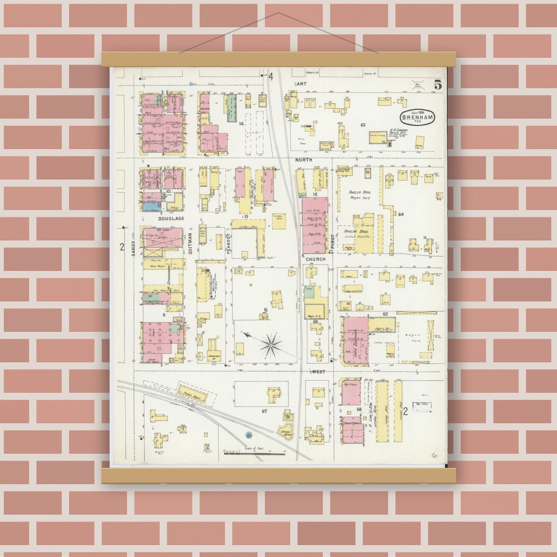 Old map wall art mockup — magnetic wood frame on brick wall — Sanborn Fire Insurance Map from Brenham, Washington County, Texas (1896), Sheet #0005