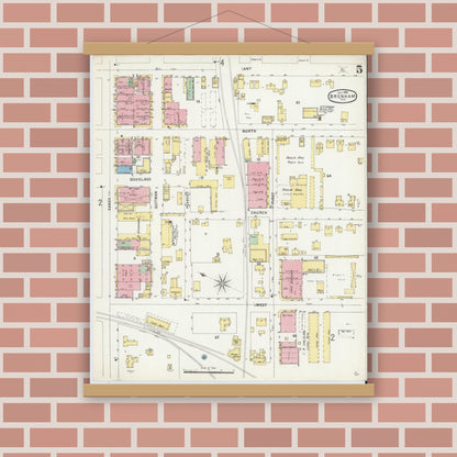 Old map wall art mockup — magnetic wood frame on brick wall — Sanborn Fire Insurance Map from Brenham, Washington County, Texas (1896), Sheet #0005