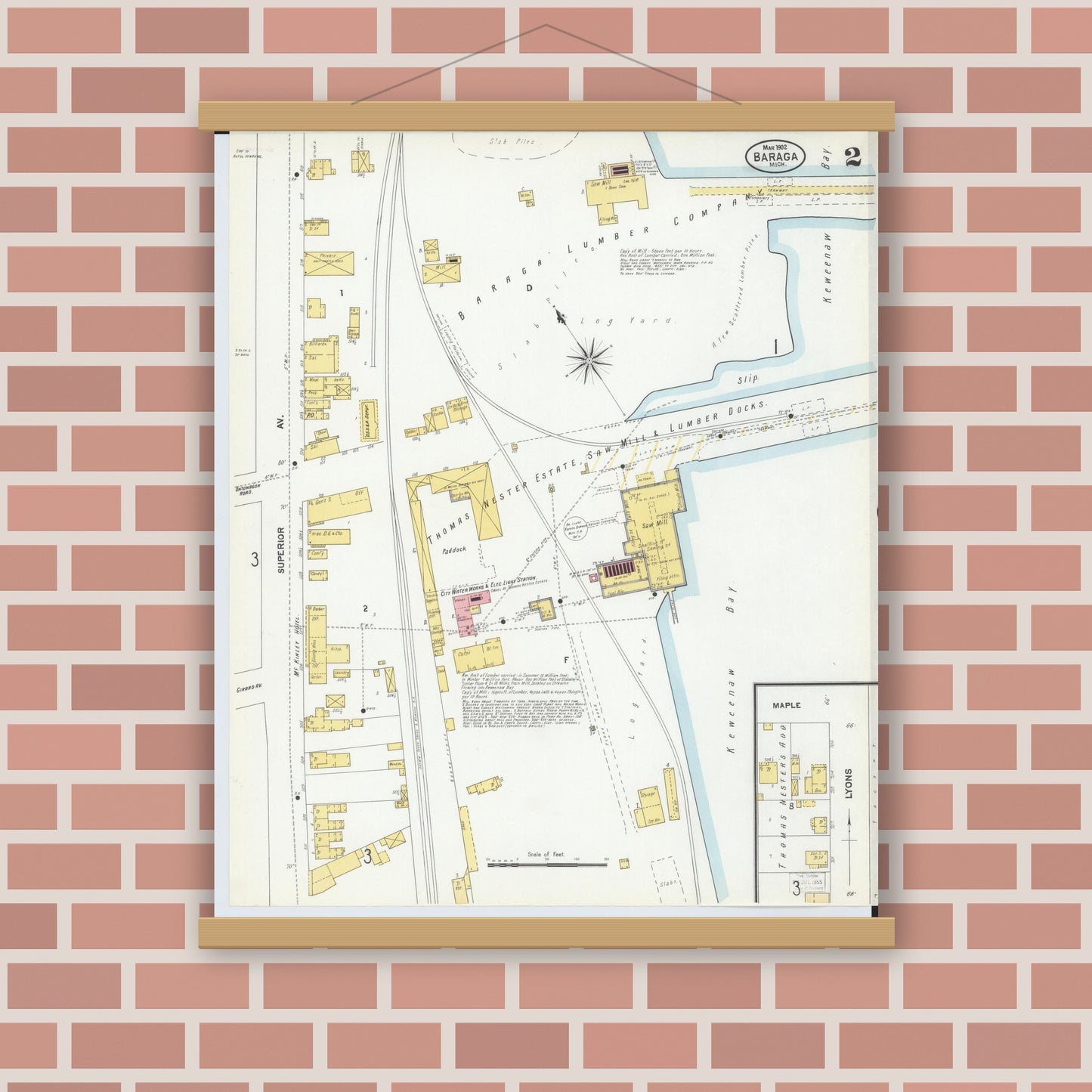 Old map wall art mockup — magnetic wood frame on brick wall — Sanborn Fire Insurance Map from Baraga, Baraga County, Michigan (1902), Sheet #0002