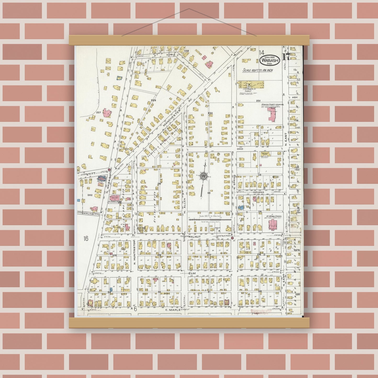 Old map wall art mockup — magnetic wood frame on brick wall — Sanborn Fire Insurance Map from Wabash, Wabash County, Indiana (1920), Sheet #0017