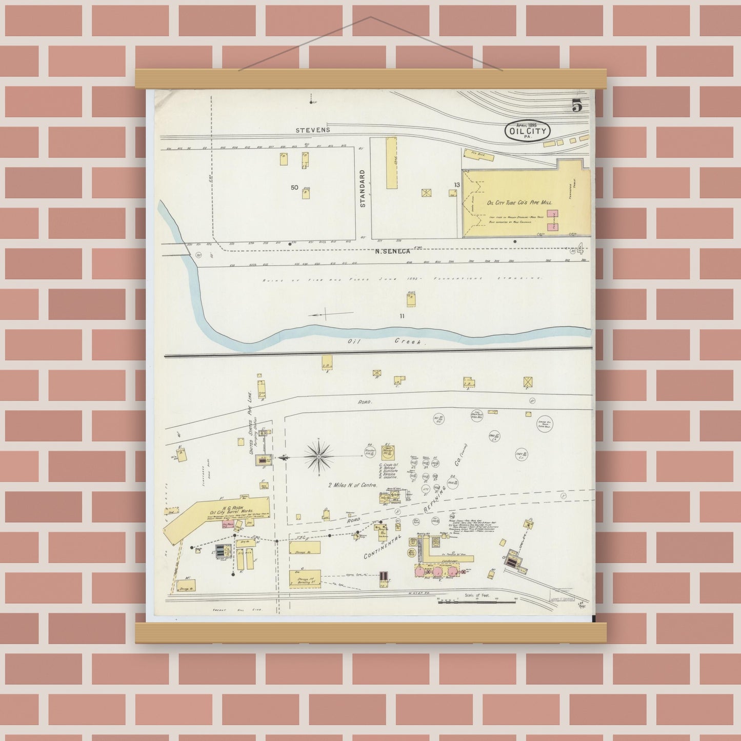 Old map wall art mockup — magnetic wood frame on brick wall — Sanborn Fire Insurance Map from Oil City, Venango County, Pennsylvania (1895), Sheet #0005