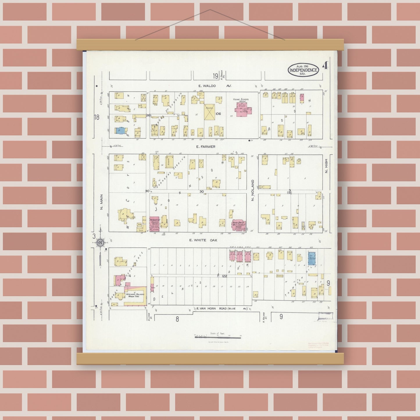 Old map wall art mockup — magnetic wood frame on brick wall — Sanborn Fire Insurance Map from Independence, Jackson County, Missouri (1916), Sheet #0004