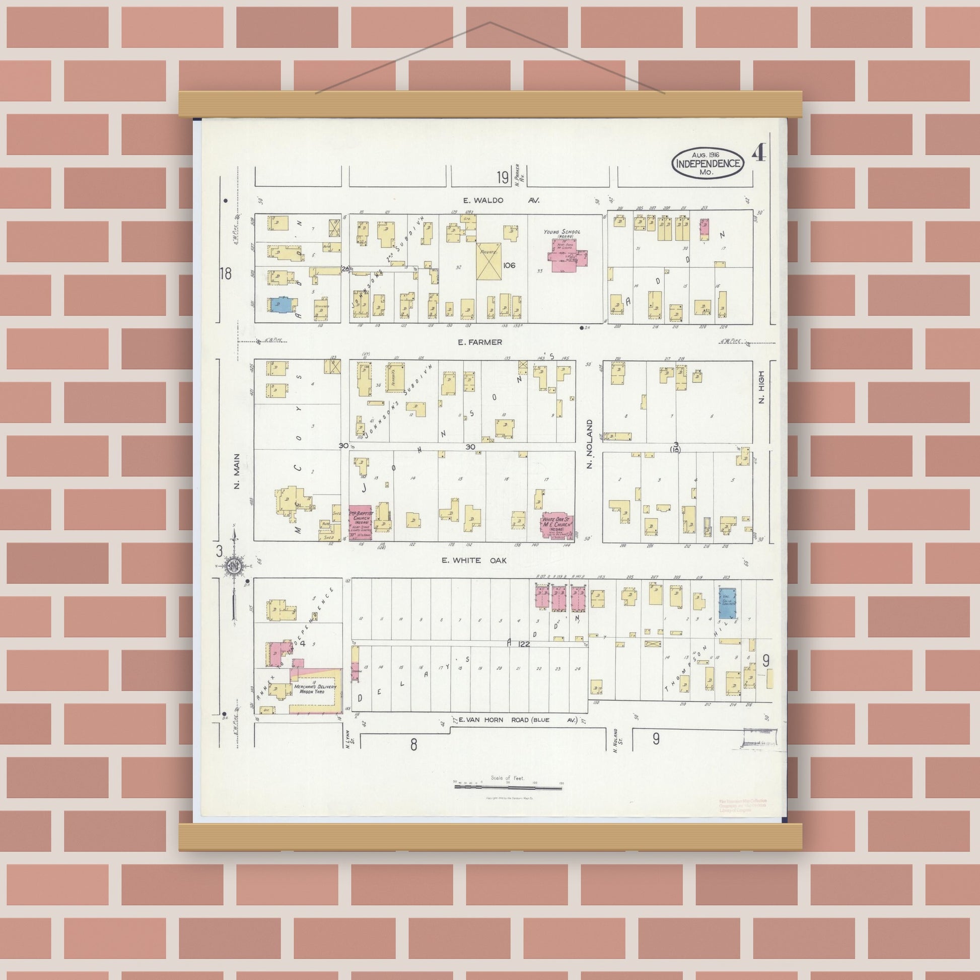 Old map wall art mockup — magnetic wood frame on brick wall — Sanborn Fire Insurance Map from Independence, Jackson County, Missouri (1916), Sheet #0004