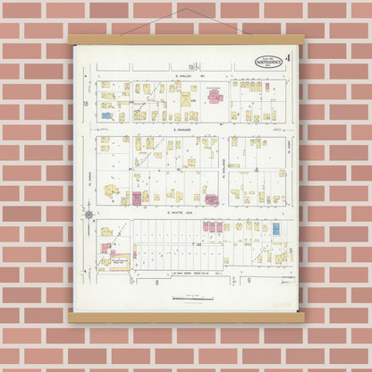 Old map wall art mockup — magnetic wood frame on brick wall — Sanborn Fire Insurance Map from Independence, Jackson County, Missouri (1916), Sheet #0004