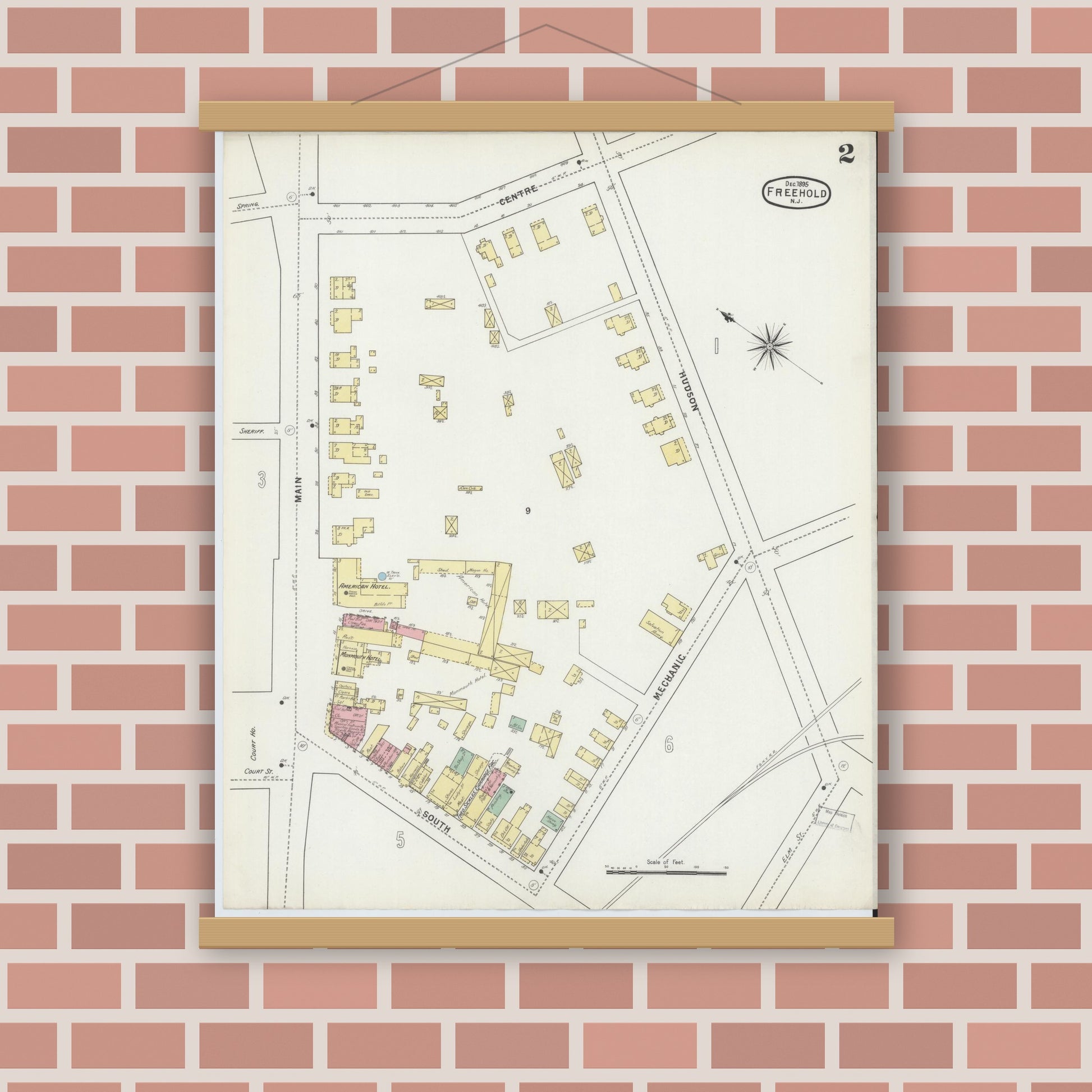 Old map wall art mockup — magnetic wood frame on brick wall — Sanborn Fire Insurance Map from Freehold, Monmouth County, New Jersey (1895), Sheet #0002