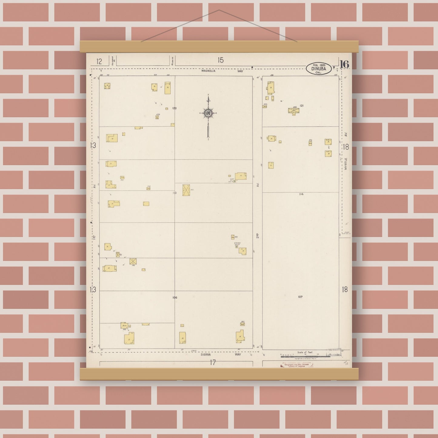Old map wall art mockup — magnetic wood frame on brick wall — Sanborn Fire Insurance Map from Dinuba, Tulare County, California (1920), Sheet #0016