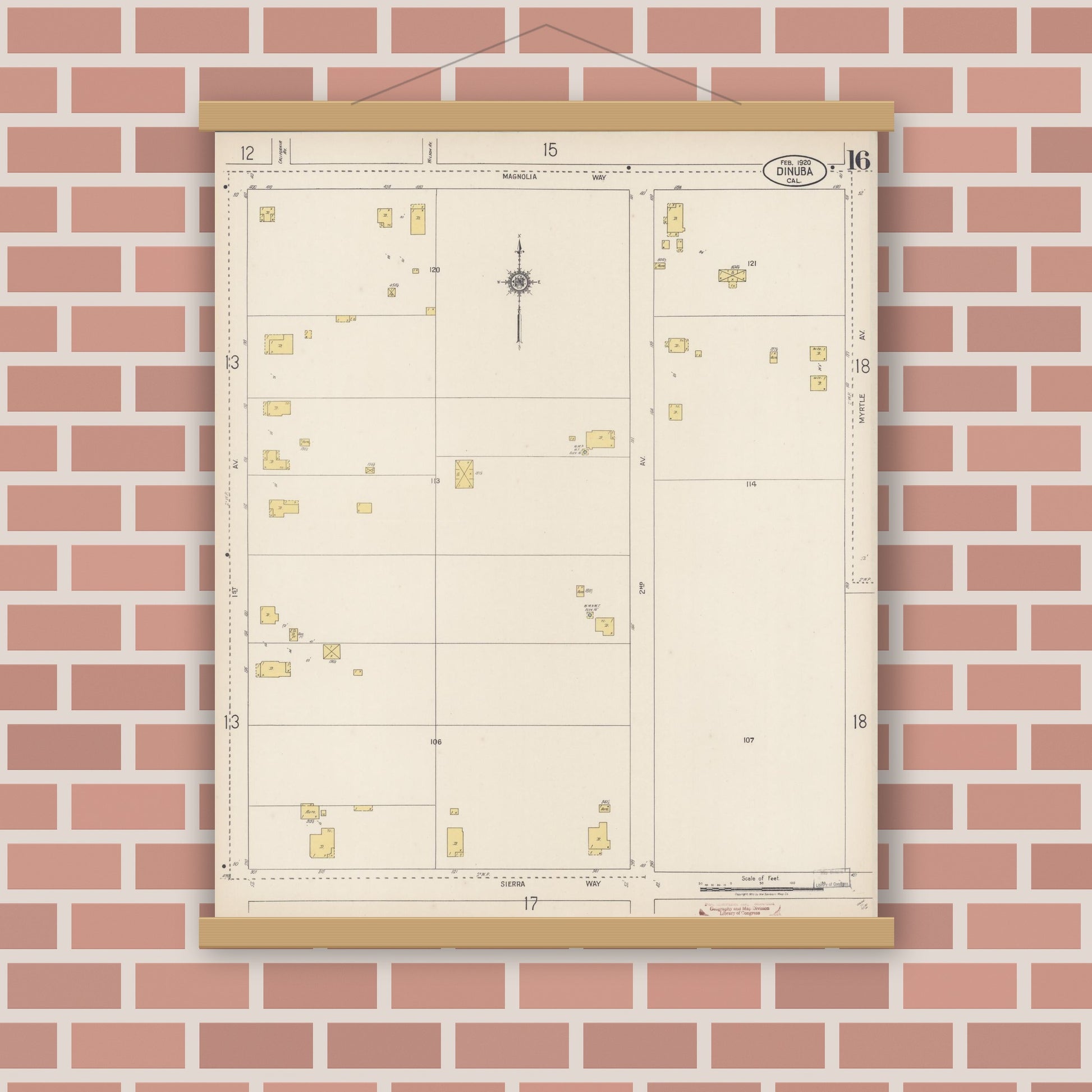 Old map wall art mockup — magnetic wood frame on brick wall — Sanborn Fire Insurance Map from Dinuba, Tulare County, California (1920), Sheet #0016