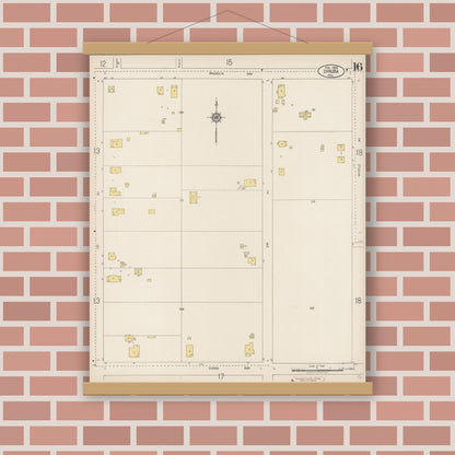 Old map wall art mockup — magnetic wood frame on brick wall — Sanborn Fire Insurance Map from Dinuba, Tulare County, California (1920), Sheet #0016