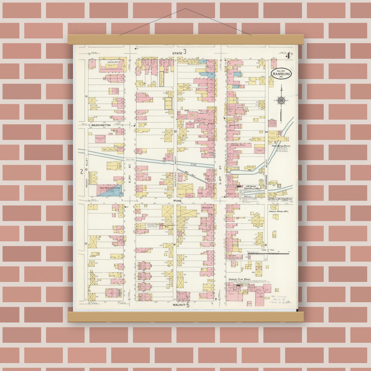 Old map wall art mockup — magnetic wood frame on brick wall — Sanborn Fire Insurance Map from Hamburg, Berks County, Pennsylvania (1910), Sheet #0004