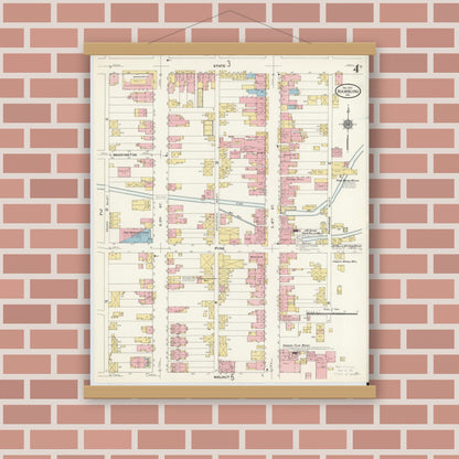 Old map wall art mockup — magnetic wood frame on brick wall — Sanborn Fire Insurance Map from Hamburg, Berks County, Pennsylvania (1910), Sheet #0004