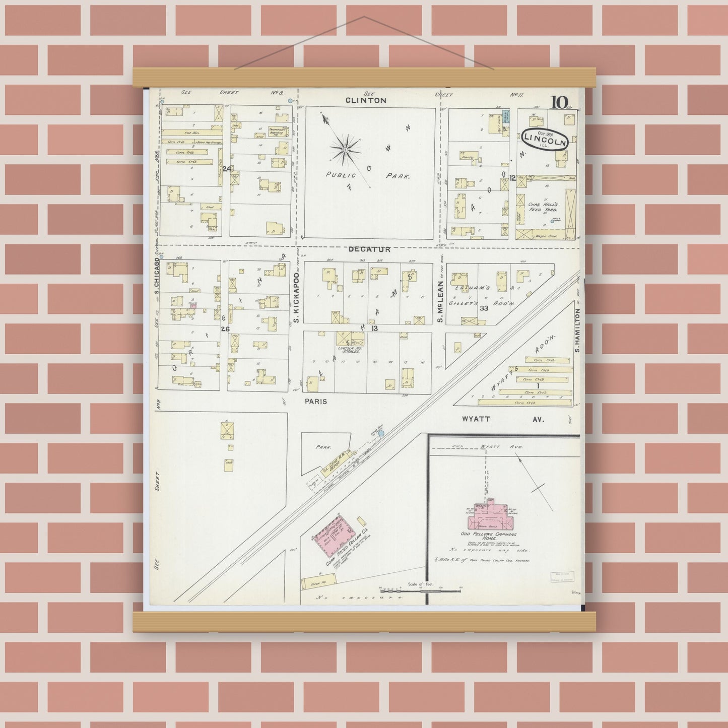 Old map wall art mockup — magnetic wood frame on brick wall — Sanborn Fire Insurance Map from Lincoln, Logan County, Illinois (1891), Sheet #0010