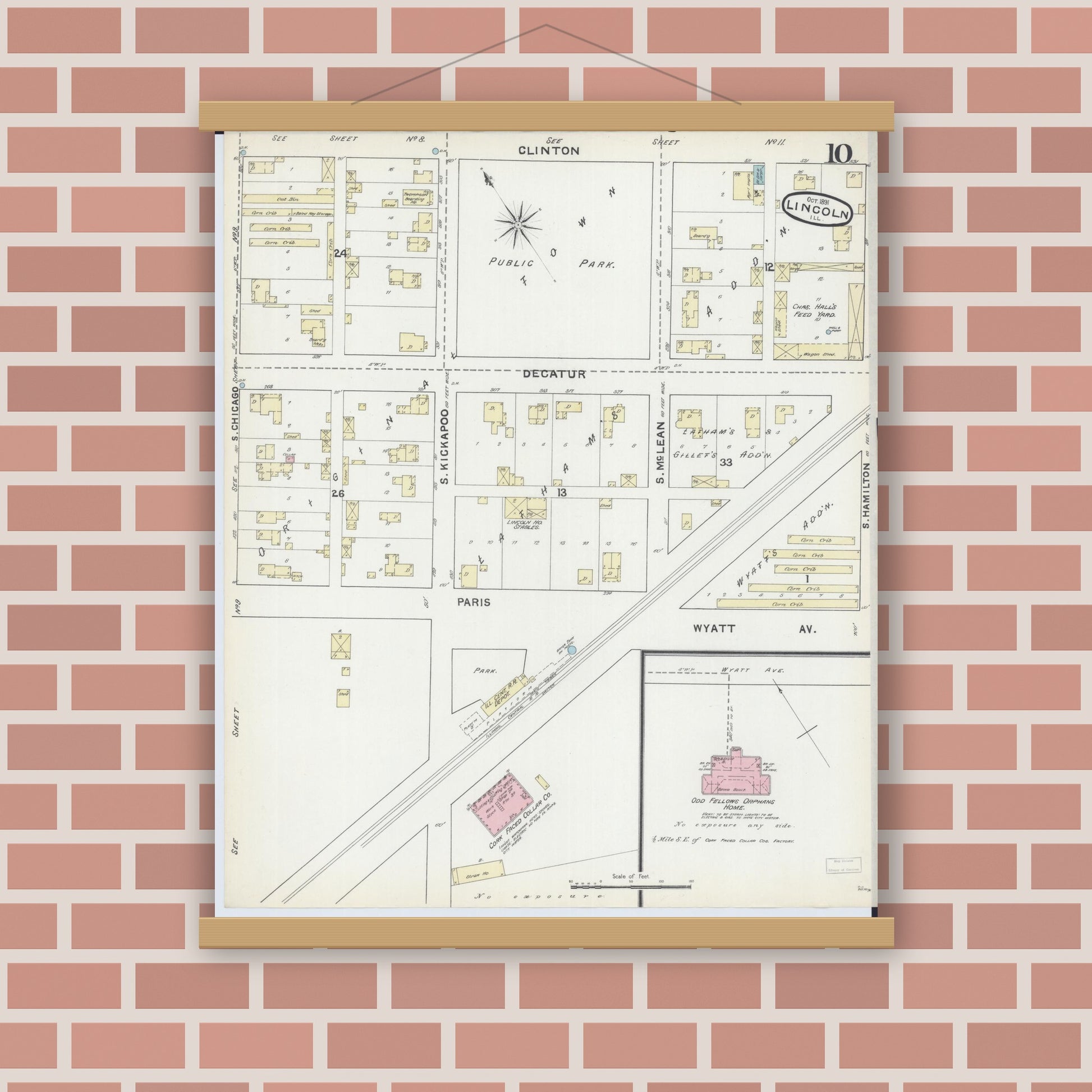 Old map wall art mockup — magnetic wood frame on brick wall — Sanborn Fire Insurance Map from Lincoln, Logan County, Illinois (1891), Sheet #0010
