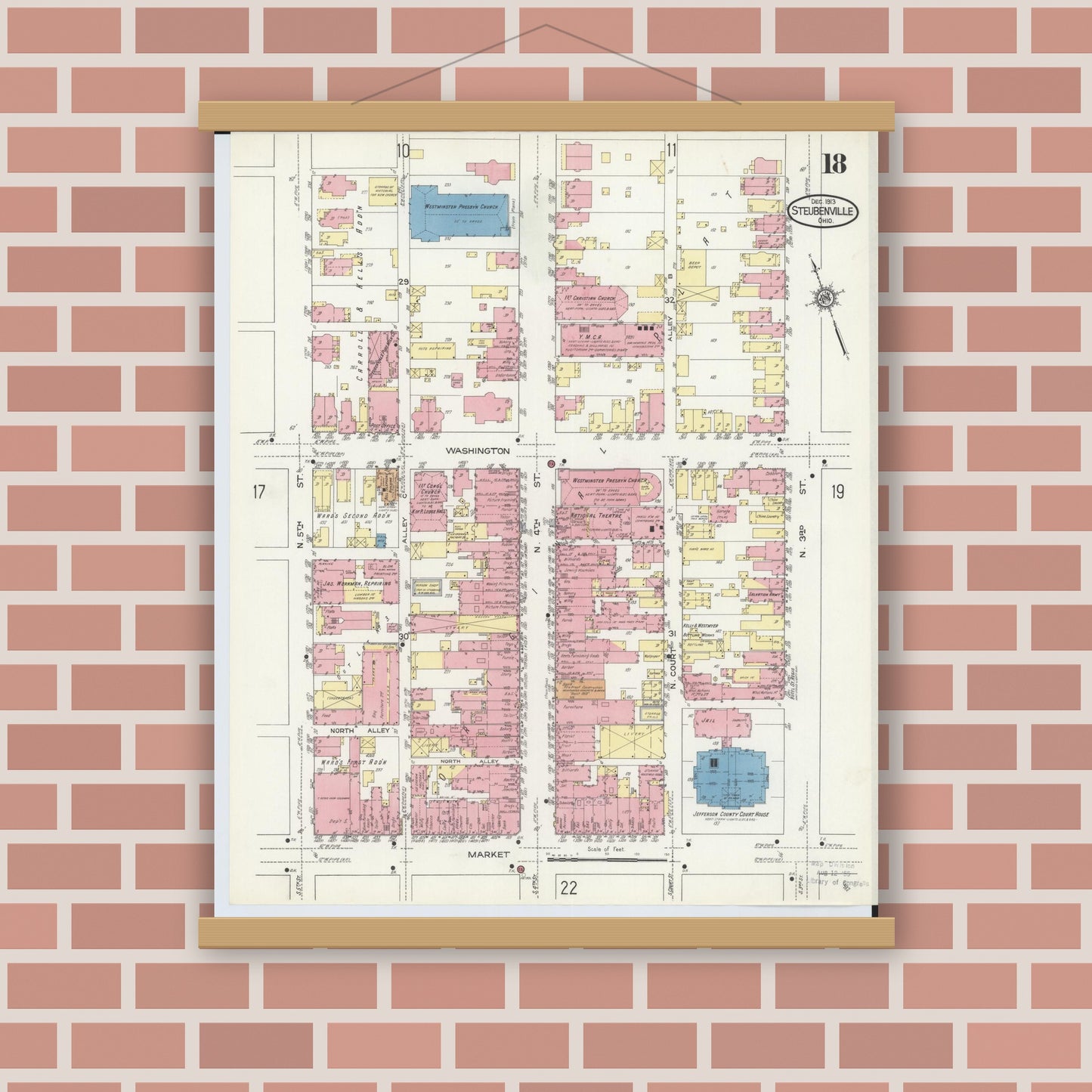 Old map wall art mockup — magnetic wood frame on brick wall — Sanborn Fire Insurance Map from Steubenville, Jefferson County, Ohio (1913), Sheet #0018