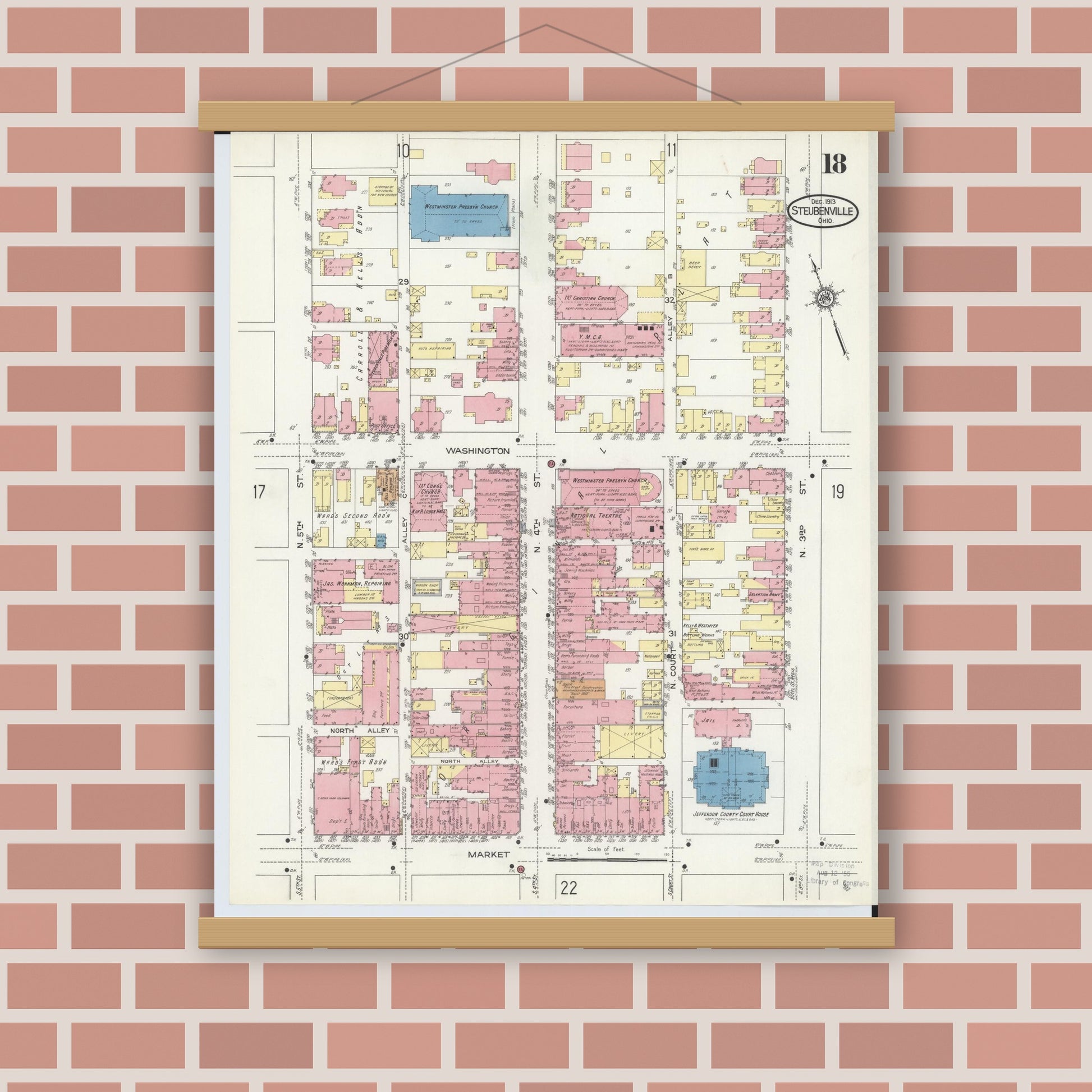 Old map wall art mockup — magnetic wood frame on brick wall — Sanborn Fire Insurance Map from Steubenville, Jefferson County, Ohio (1913), Sheet #0018