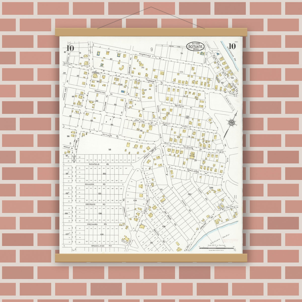 Old map wall art mockup — magnetic wood frame on brick wall — Sanborn Fire Insurance Map from Scituate, Plymouth County, Massachusetts (1926), Sheet #0010