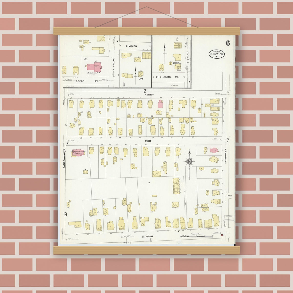 Old map wall art mockup — magnetic wood frame on brick wall — Sanborn Fire Insurance Map from Norwich, Chenango County, New York (1910), Sheet #0006