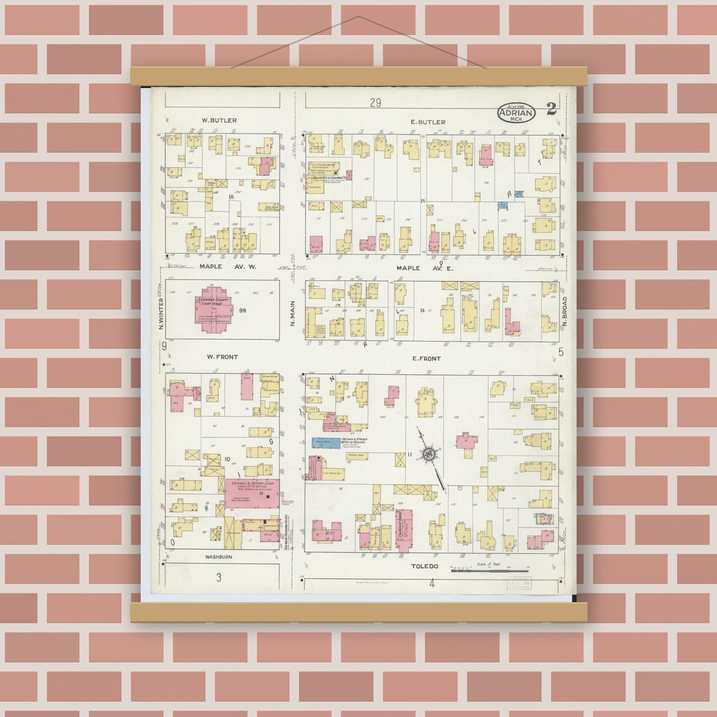 Old map wall art mockup — magnetic wood frame on brick wall — Sanborn Fire Insurance Map from Adrian, Lenawee County, Michigan (1916), Sheet #0002