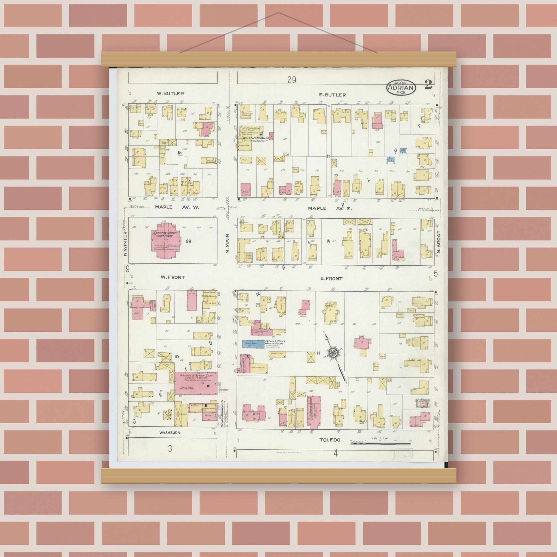 Old map wall art mockup — magnetic wood frame on brick wall — Sanborn Fire Insurance Map from Adrian, Lenawee County, Michigan (1916), Sheet #0002