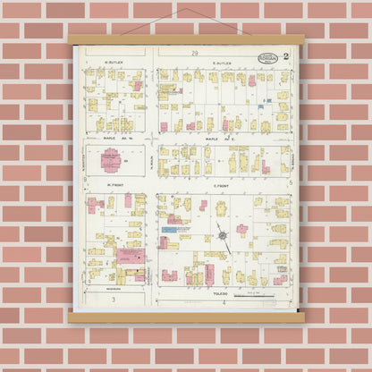 Old map wall art mockup — magnetic wood frame on brick wall — Sanborn Fire Insurance Map from Adrian, Lenawee County, Michigan (1916), Sheet #0002