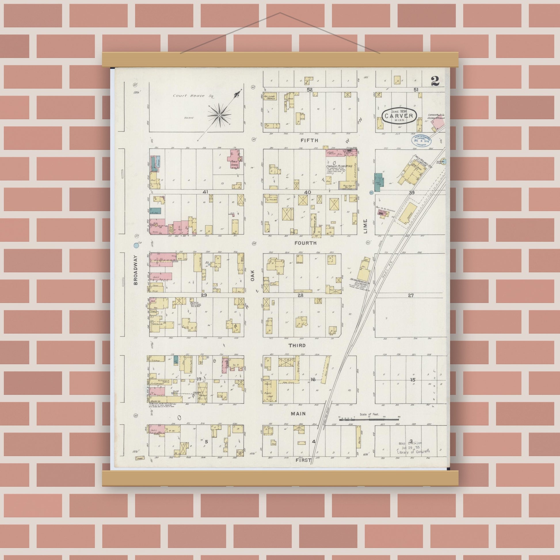Old map wall art mockup — magnetic wood frame on brick wall — Sanborn Fire Insurance Map from Carver, Carver County, Minnesota (1894), Sheet #0002