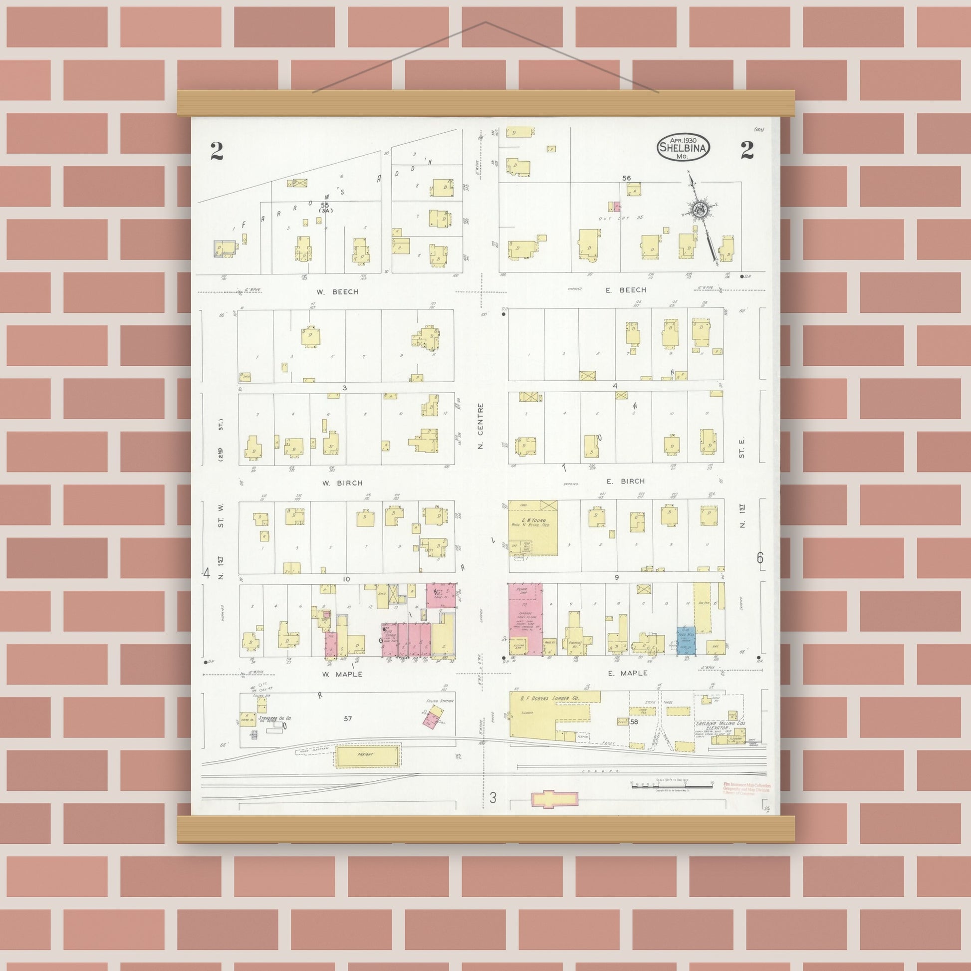 Old map wall art mockup — magnetic wood frame on brick wall — Sanborn Fire Insurance Map from Shelbina, Shelby County, Missouri (1930), Sheet #0002