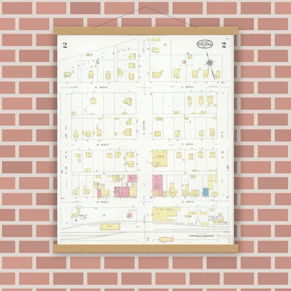 Old map wall art mockup — magnetic wood frame on brick wall — Sanborn Fire Insurance Map from Shelbina, Shelby County, Missouri (1930), Sheet #0002