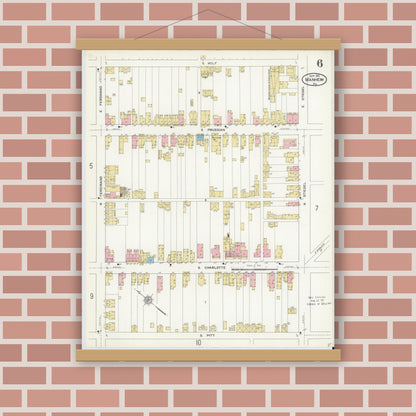 Old map wall art mockup — magnetic wood frame on brick wall — Sanborn Fire Insurance Map from Manheim, Lancaster County, Pennsylvania (1912), Sheet #0006