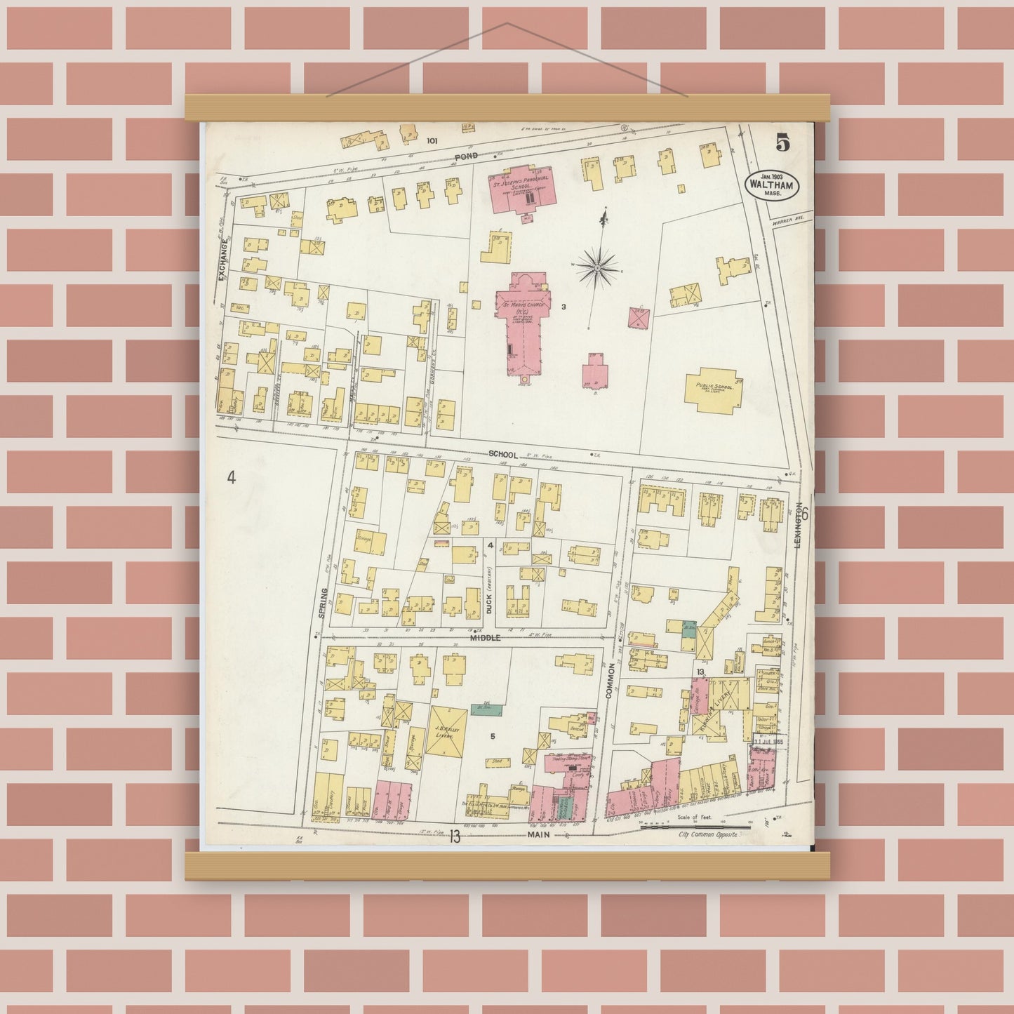 Old map wall art mockup — magnetic wood frame on brick wall — Sanborn Fire Insurance Map from Waltham, Middlesex County, Massachusetts (1903), Sheet #0005
