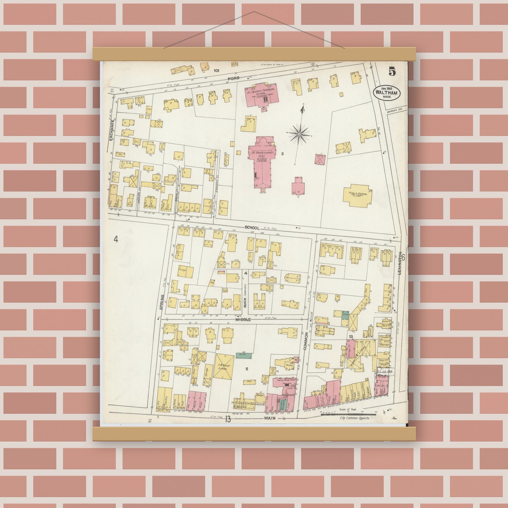 Old map wall art mockup — magnetic wood frame on brick wall — Sanborn Fire Insurance Map from Waltham, Middlesex County, Massachusetts (1903), Sheet #0005