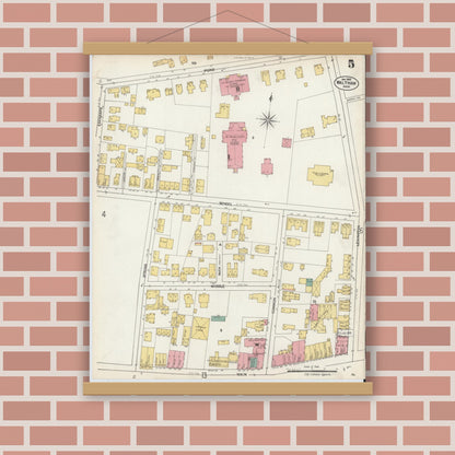 Old map wall art mockup — magnetic wood frame on brick wall — Sanborn Fire Insurance Map from Waltham, Middlesex County, Massachusetts (1903), Sheet #0005