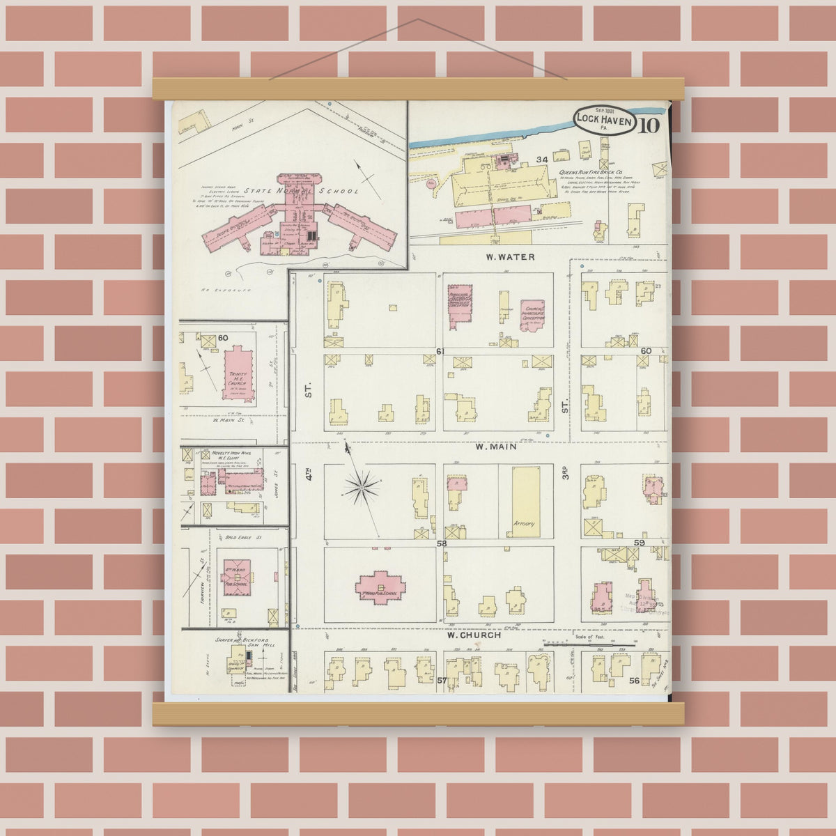 Old map wall art mockup — magnetic wood frame on brick wall — Sanborn Fire Insurance Map from Lock Haven, Clinton County, Pennsylvania (1891), Sheet #0010