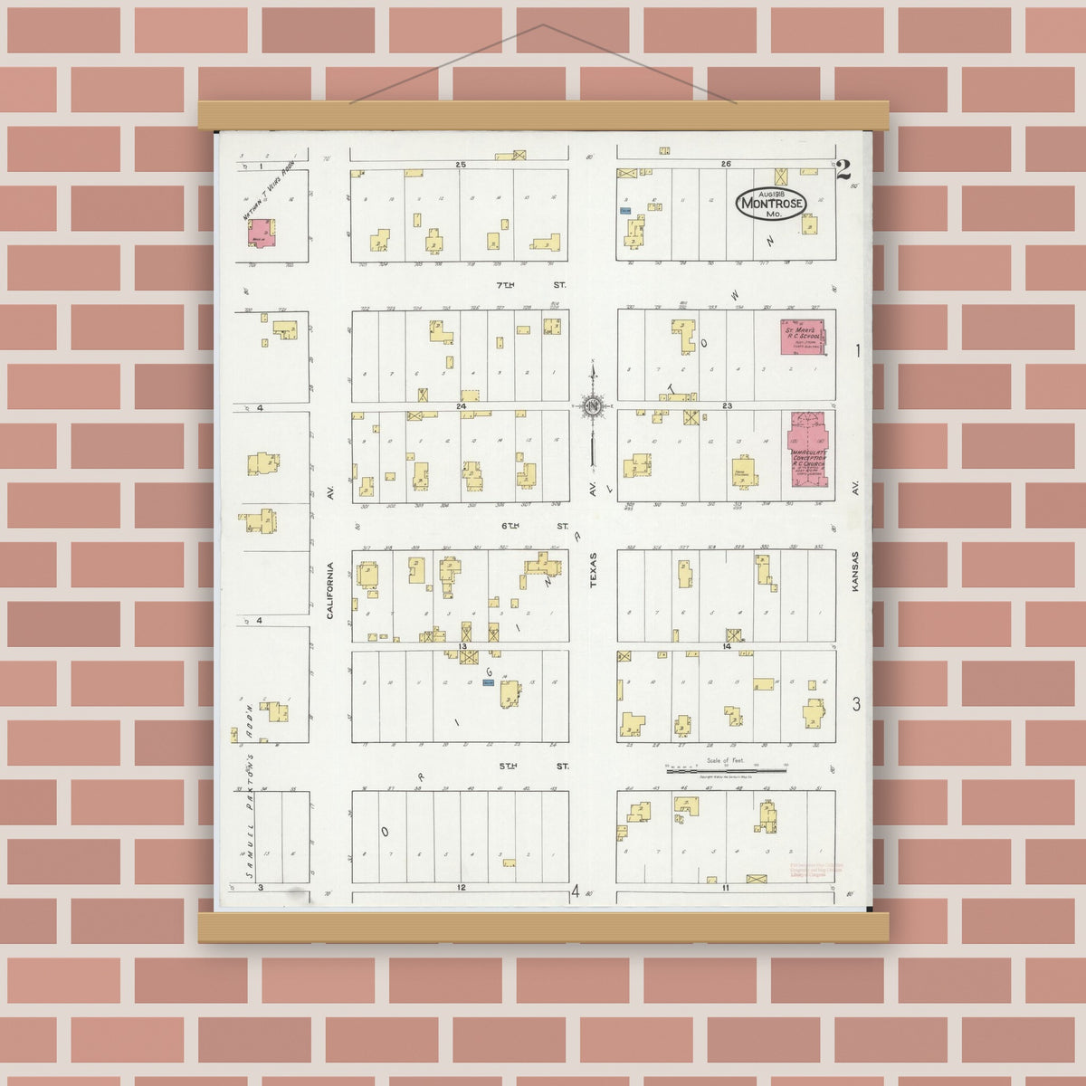 Old map wall art mockup — magnetic wood frame on brick wall — Sanborn Fire Insurance Map from Montrose, Henry County, Missouri (1918), Sheet #0002