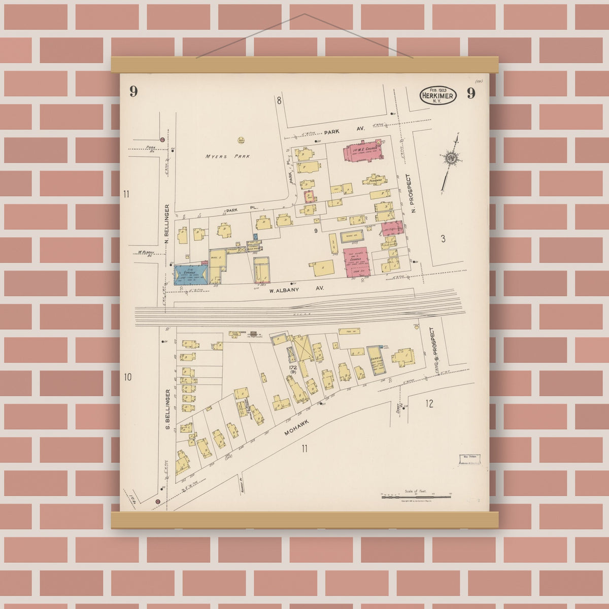 Old map wall art mockup — magnetic wood frame on brick wall — Sanborn Fire Insurance Map from Herkimer, Herkimer County, New York (1923), Sheet #0009