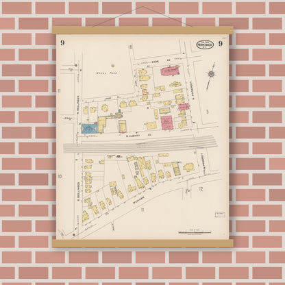 Old map wall art mockup — magnetic wood frame on brick wall — Sanborn Fire Insurance Map from Herkimer, Herkimer County, New York (1923), Sheet #0009