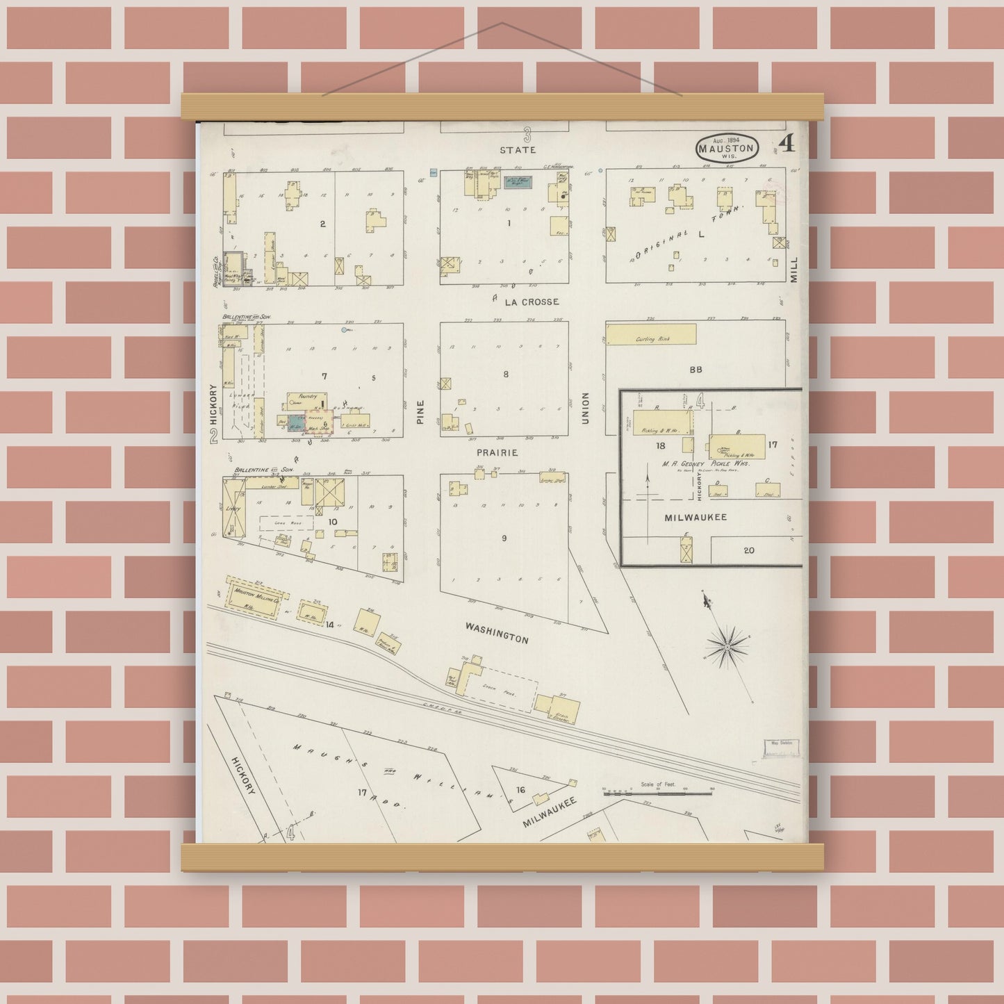 Old map wall art mockup — magnetic wood frame on brick wall — Sanborn Fire Insurance Map from Mauston, Juneau County, Wisconsin (1894), Sheet #0004