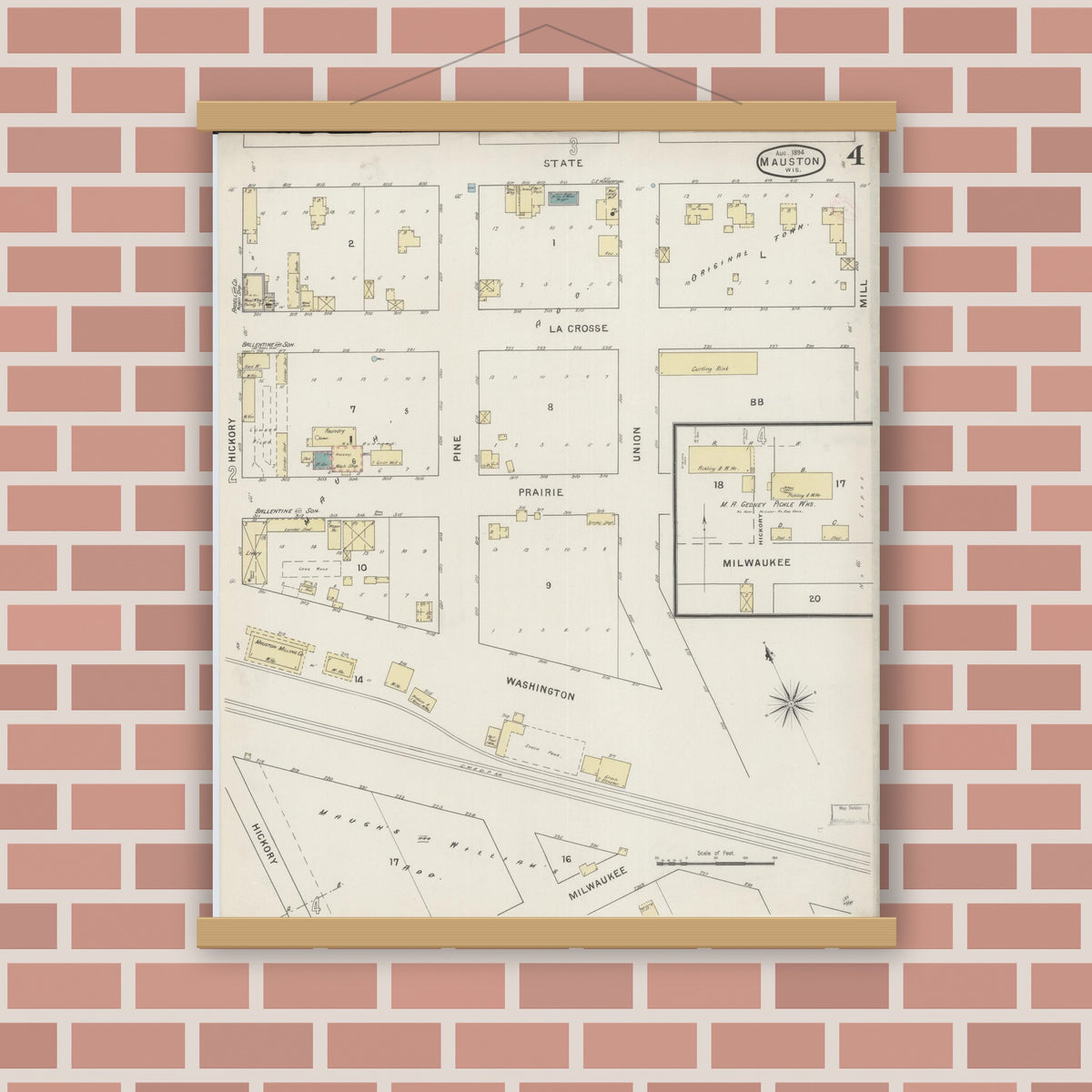 Old map wall art mockup — magnetic wood frame on brick wall — Sanborn Fire Insurance Map from Mauston, Juneau County, Wisconsin (1894), Sheet #0004