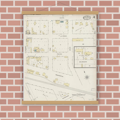 Old map wall art mockup — magnetic wood frame on brick wall — Sanborn Fire Insurance Map from Mauston, Juneau County, Wisconsin (1894), Sheet #0004
