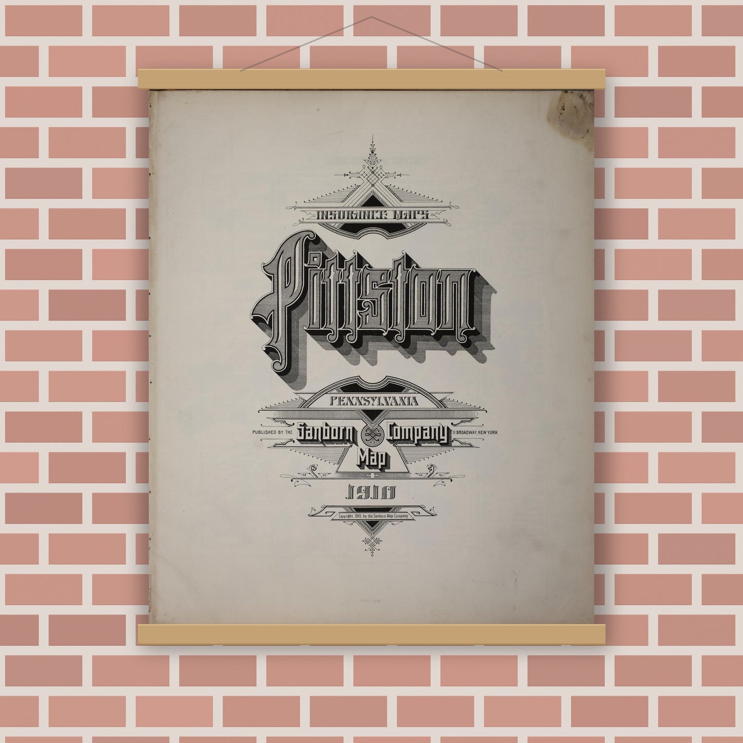 Old map wall art mockup — magnetic wood frame on brick wall — Sanborn Fire Insurance Map from Pittston, Luzerne County, Pennsylvania (1910), Sheet #0001