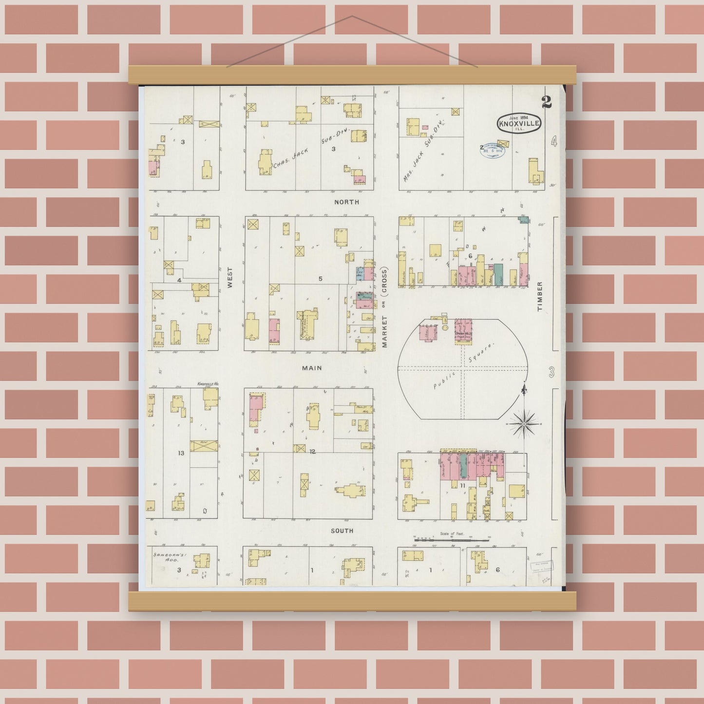 Old map wall art mockup — magnetic wood frame on brick wall — Sanborn Fire Insurance Map from Knoxville, Knox County, Illinois (1894), Sheet #0002