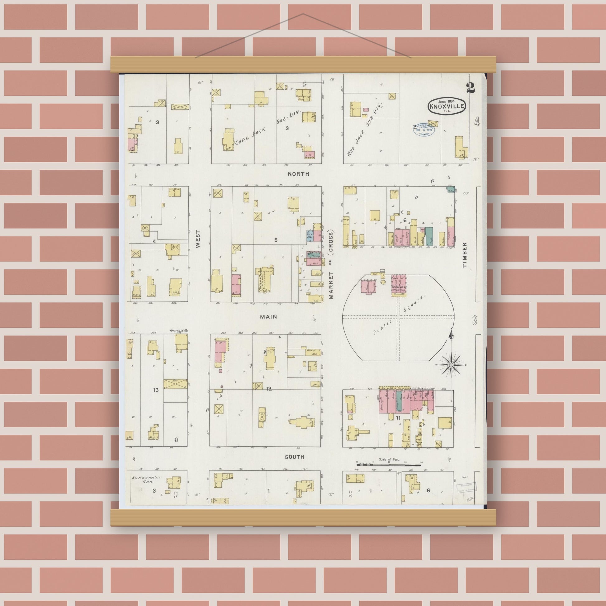 Old map wall art mockup — magnetic wood frame on brick wall — Sanborn Fire Insurance Map from Knoxville, Knox County, Illinois (1894), Sheet #0002