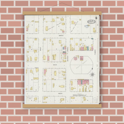 Old map wall art mockup — magnetic wood frame on brick wall — Sanborn Fire Insurance Map from Knoxville, Knox County, Illinois (1894), Sheet #0002
