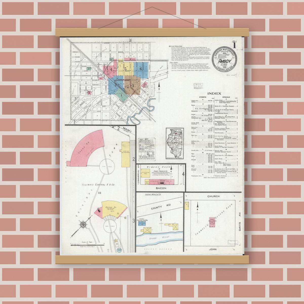 Old map wall art mockup — magnetic wood frame on brick wall — Sanborn Fire Insurance Map from Amboy, Lee County, Illinois (1918) - Complete Map Set