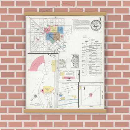 Old map wall art mockup — magnetic wood frame on brick wall — Sanborn Fire Insurance Map from Amboy, Lee County, Illinois (1918) - Complete Map Set